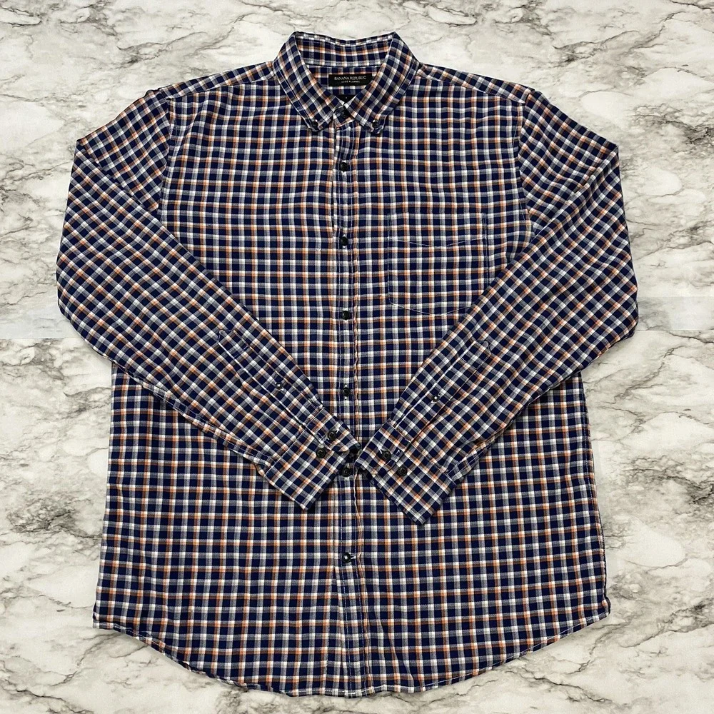 Banana Republic Luxe Flannel Slim Fit Mens Shirt L‎ Multicolor Plaid Long Sleeve